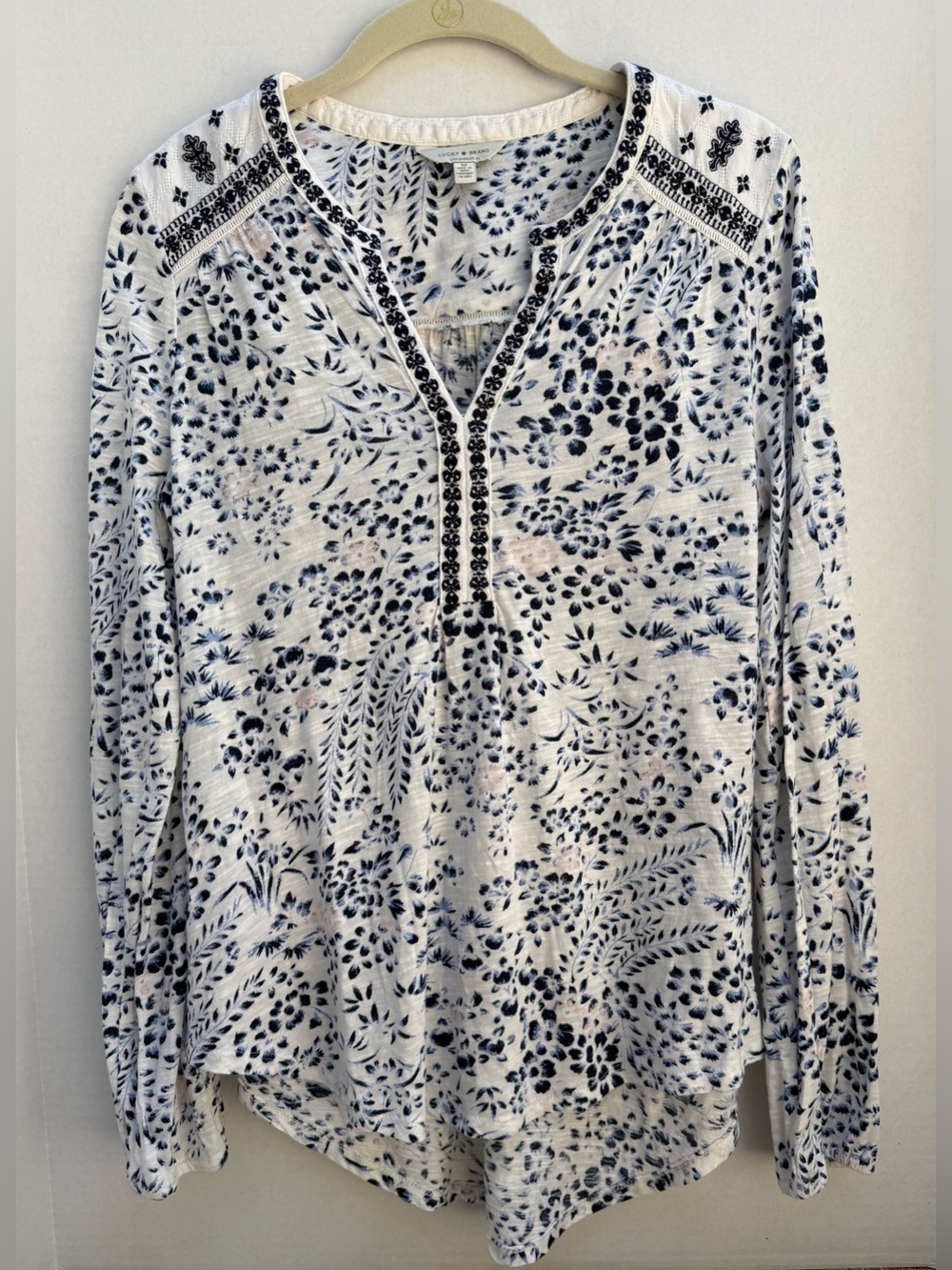 Lucky Brand Boho Floral Tunic, Embroidered Split Neck Peasant Top, Size M, NWOT